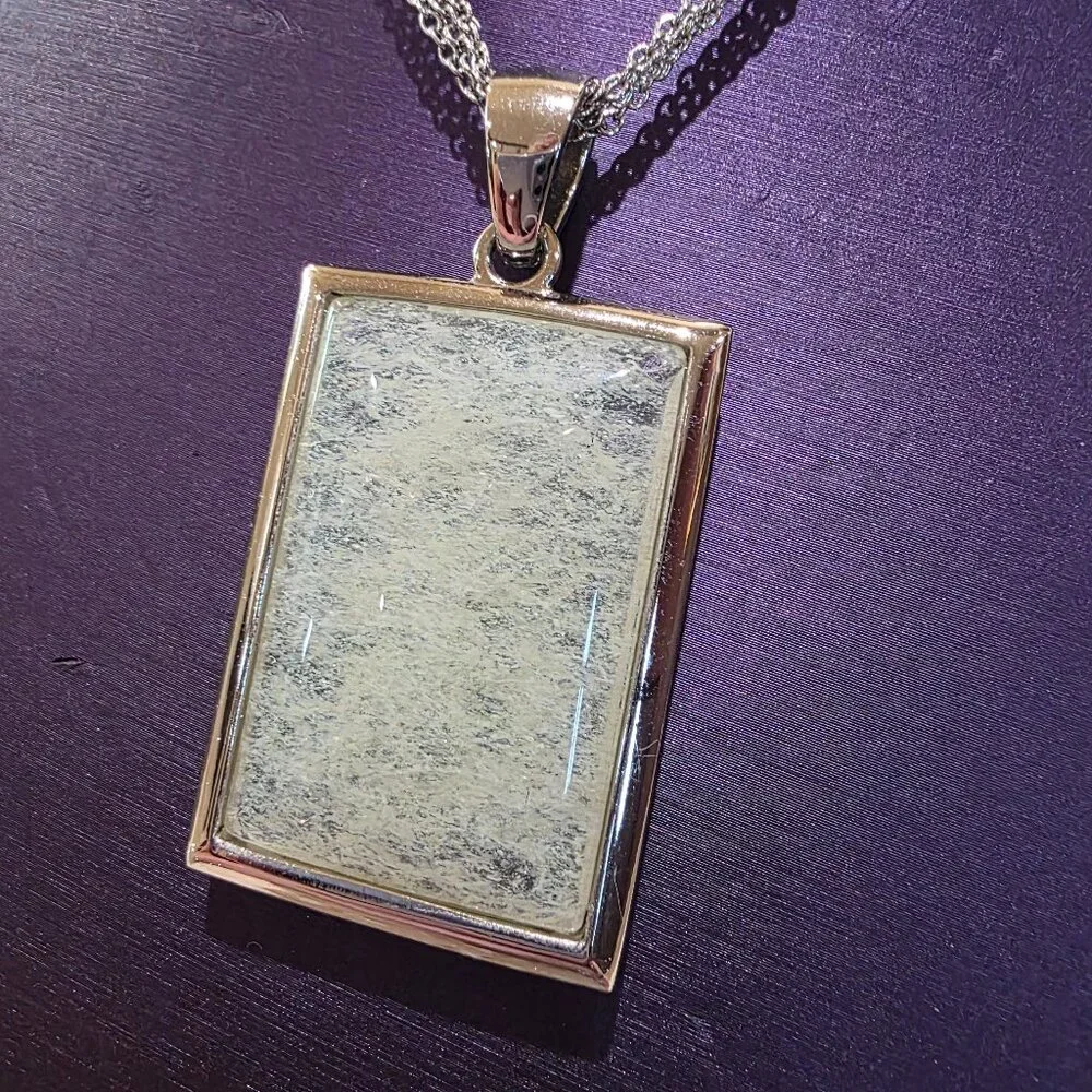 Vintage Transluscent Rectangle Silver Frame Triple Chain Necklace Near Mint